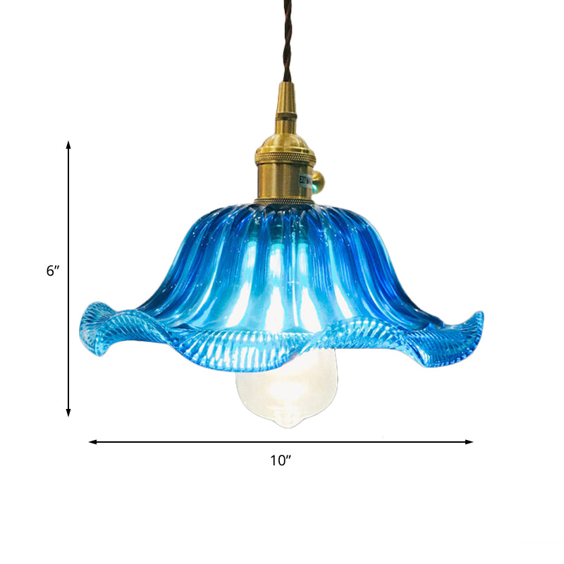 Industrial Scalloped Hanging Ceiling Light 1 Light Blue Glass Pendant Lighting Fixture, 12" Wide Clearhalo 'Ceiling Lights' 'Glass shade' 'Glass' 'Industrial Pendants' 'Industrial' 'Middle Century Pendants' 'Pendant Lights' 'Pendants' 'Tiffany' Lighting' 144080