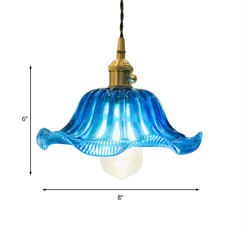 Industrial Scalloped Hanging Ceiling Light 1 Light Blue Glass Pendant Lighting Fixture, 12" Wide Clearhalo 'Ceiling Lights' 'Glass shade' 'Glass' 'Industrial Pendants' 'Industrial' 'Middle Century Pendants' 'Pendant Lights' 'Pendants' 'Tiffany' Lighting' 144081