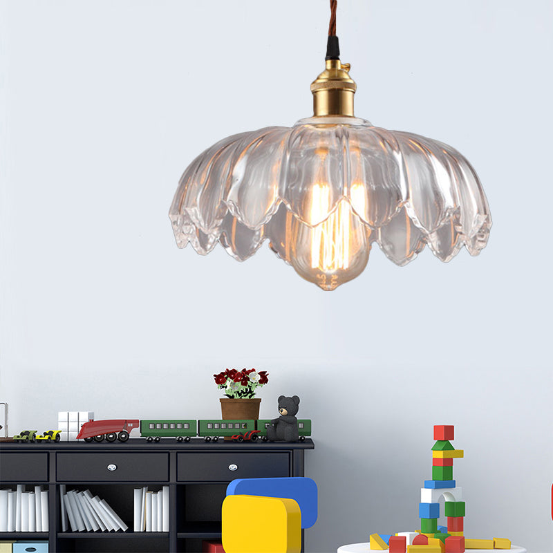 Single Bulb Hanging Ceiling Light with Scalloped Shade Clear Glass Industrial Living Room Pendant Lighting, 8"/10"/12" Wide Clear Clearhalo 'Ceiling Lights' 'Glass shade' 'Glass' 'Industrial Pendants' 'Industrial' 'Middle Century Pendants' 'Pendant Lights' 'Pendants' 'Tiffany' Lighting' 144090