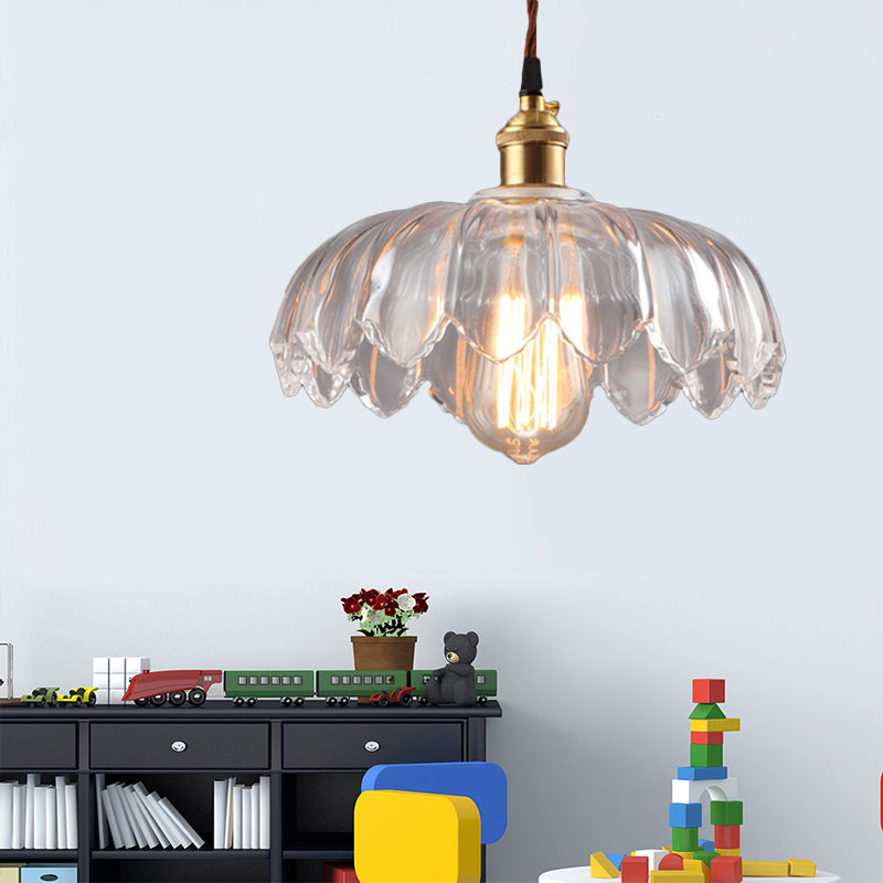 Single Bulb Hanging Ceiling Light with Scalloped Shade Clear Glass Industrial Living Room Pendant Lighting, 8"/10"/12" Wide Clear Clearhalo 'Ceiling Lights' 'Glass shade' 'Glass' 'Industrial Pendants' 'Industrial' 'Middle Century Pendants' 'Pendant Lights' 'Pendants' 'Tiffany' Lighting' 144090