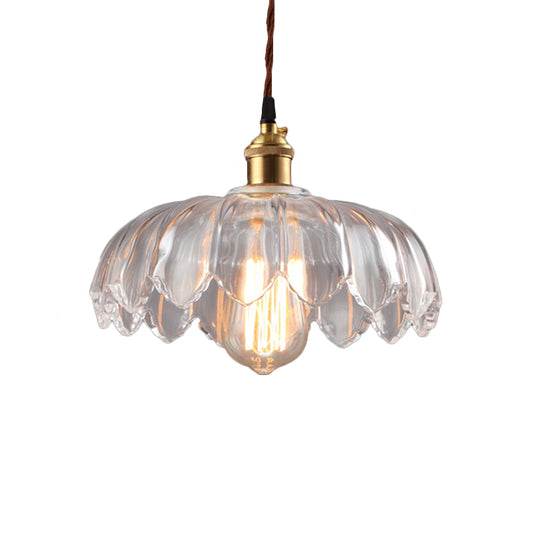 Single Bulb Hanging Ceiling Light with Scalloped Shade Clear Glass Industrial Living Room Pendant Lighting, 8"/10"/12" Wide Clearhalo 'Ceiling Lights' 'Glass shade' 'Glass' 'Industrial Pendants' 'Industrial' 'Middle Century Pendants' 'Pendant Lights' 'Pendants' 'Tiffany' Lighting' 144092