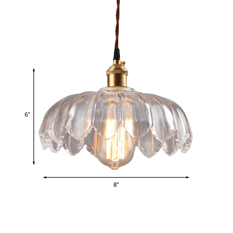 Single Bulb Hanging Ceiling Light with Scalloped Shade Clear Glass Industrial Living Room Pendant Lighting, 8"/10"/12" Wide Clearhalo 'Ceiling Lights' 'Glass shade' 'Glass' 'Industrial Pendants' 'Industrial' 'Middle Century Pendants' 'Pendant Lights' 'Pendants' 'Tiffany' Lighting' 144093