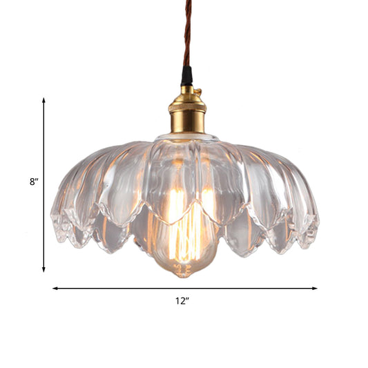 Single Bulb Hanging Ceiling Light with Scalloped Shade Clear Glass Industrial Living Room Pendant Lighting, 8"/10"/12" Wide Clearhalo 'Ceiling Lights' 'Glass shade' 'Glass' 'Industrial Pendants' 'Industrial' 'Middle Century Pendants' 'Pendant Lights' 'Pendants' 'Tiffany' Lighting' 144095