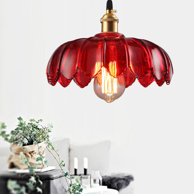 Scalloped Pendant Lamp Industrial 1 Light Red Glass Hanging Ceiling Light for Living Room, 8"/10"/12" Wide Red Clearhalo 'Ceiling Lights' 'Glass shade' 'Glass' 'Industrial Pendants' 'Industrial' 'Middle Century Pendants' 'Pendant Lights' 'Pendants' 'Tiffany' Lighting' 144096