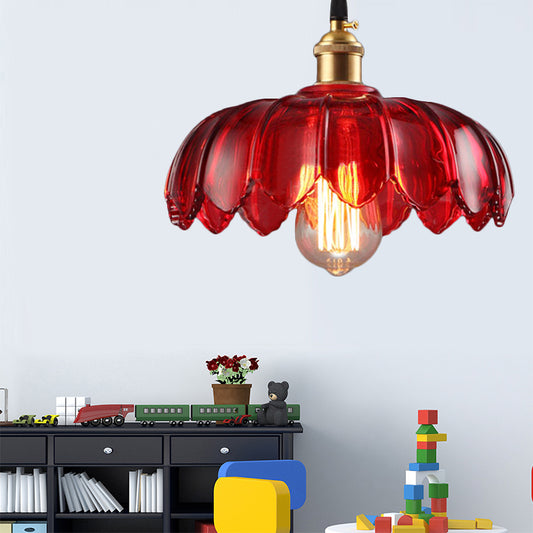 Scalloped Pendant Lamp Industrial 1 Light Red Glass Hanging Ceiling Light for Living Room, 8"/10"/12" Wide Red 8" Clearhalo 'Ceiling Lights' 'Glass shade' 'Glass' 'Industrial Pendants' 'Industrial' 'Middle Century Pendants' 'Pendant Lights' 'Pendants' 'Tiffany' Lighting' 144097