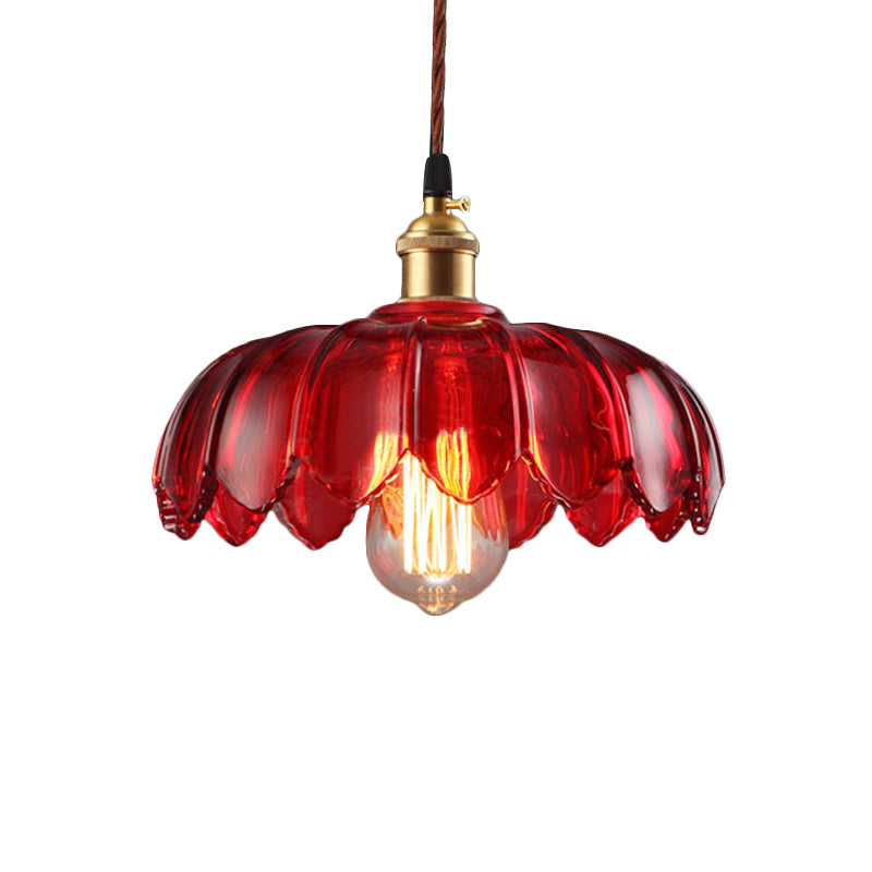 Scalloped Pendant Lamp Industrial 1 Light Red Glass Hanging Ceiling Light for Living Room, 8"/10"/12" Wide Clearhalo 'Ceiling Lights' 'Glass shade' 'Glass' 'Industrial Pendants' 'Industrial' 'Middle Century Pendants' 'Pendant Lights' 'Pendants' 'Tiffany' Lighting' 144098
