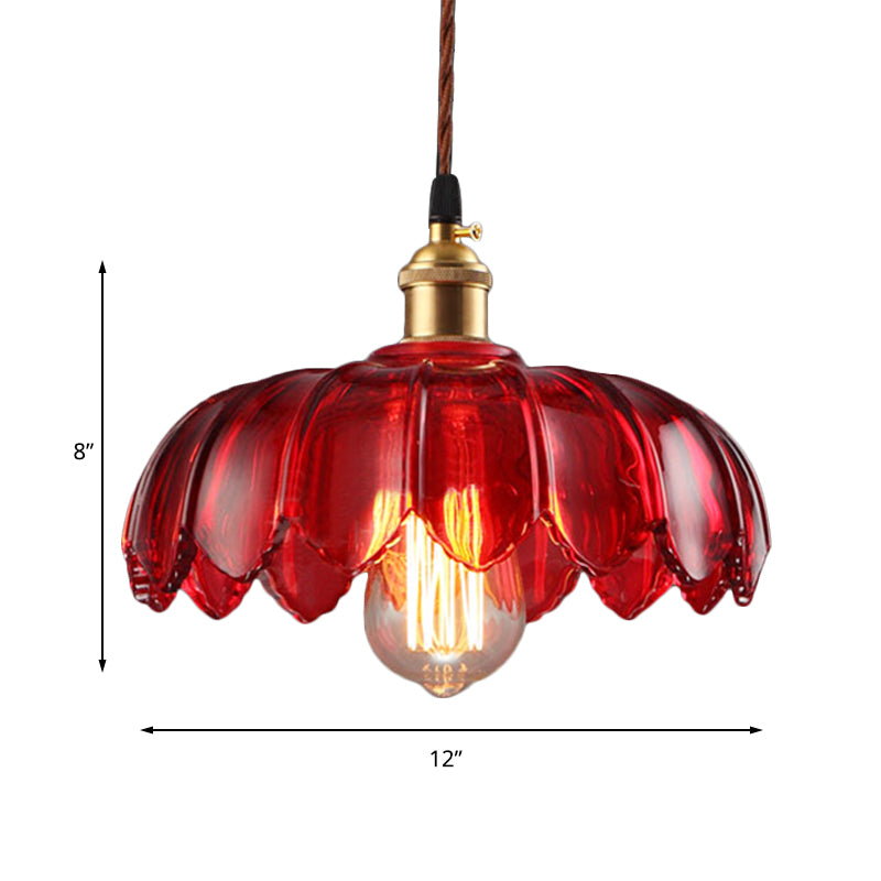 Scalloped Pendant Lamp Industrial 1 Light Red Glass Hanging Ceiling Light for Living Room, 8"/10"/12" Wide Clearhalo 'Ceiling Lights' 'Glass shade' 'Glass' 'Industrial Pendants' 'Industrial' 'Middle Century Pendants' 'Pendant Lights' 'Pendants' 'Tiffany' Lighting' 144099