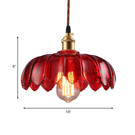 Scalloped Pendant Lamp Industrial 1 Light Red Glass Hanging Ceiling Light for Living Room, 8"/10"/12" Wide Clearhalo 'Ceiling Lights' 'Glass shade' 'Glass' 'Industrial Pendants' 'Industrial' 'Middle Century Pendants' 'Pendant Lights' 'Pendants' 'Tiffany' Lighting' 144100