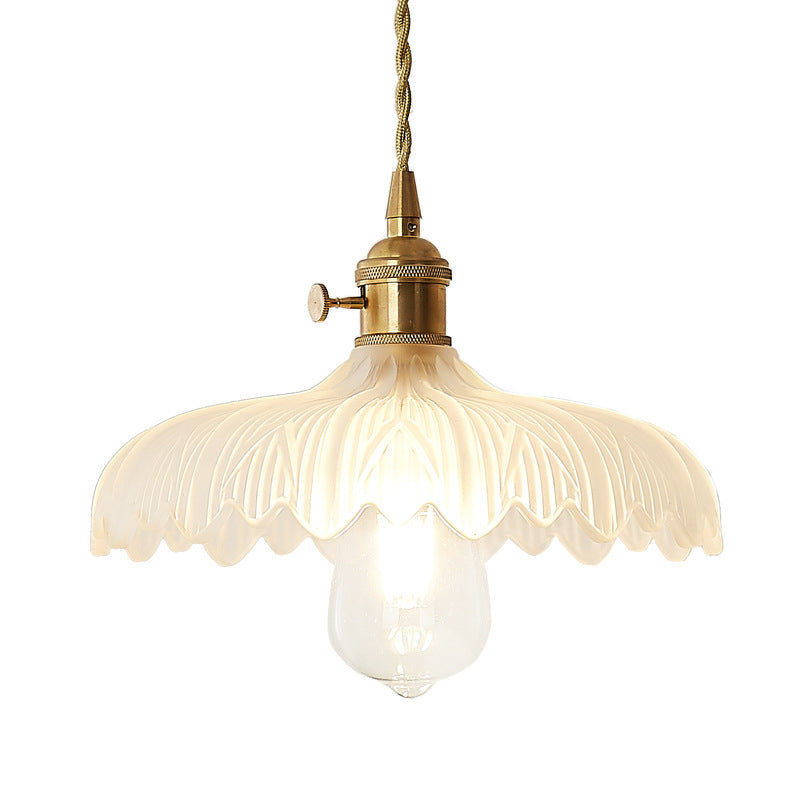Brass Scalloped Pendant Ceiling Light Farmhouse Frosted Glass 1 Light Living Room Hanging Lamp Clearhalo 'Ceiling Lights' 'Glass shade' 'Glass' 'Industrial Pendants' 'Industrial' 'Middle Century Pendants' 'Pendant Lights' 'Pendants' 'Tiffany' Lighting' 144108