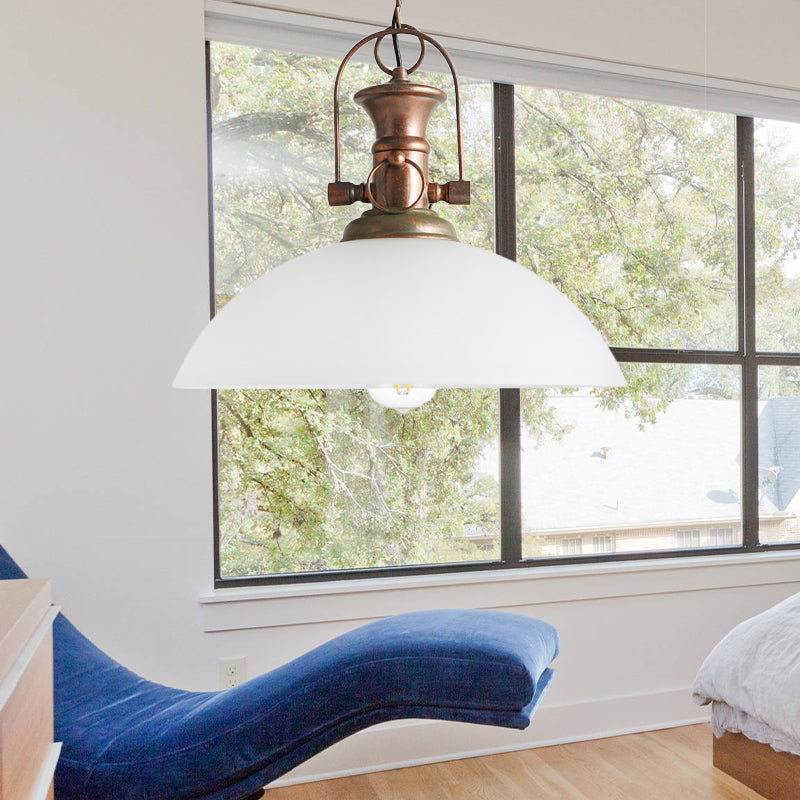 12"/15.5" Wide Dome Pendant Lighting Industrial 1 Light White/Green Glass Hanging Lamp in Rust White 15.5" Clearhalo 'Ceiling Lights' 'Glass shade' 'Glass' 'Industrial Pendants' 'Industrial' 'Middle Century Pendants' 'Pendant Lights' 'Pendants' 'Tiffany' Lighting' 144132