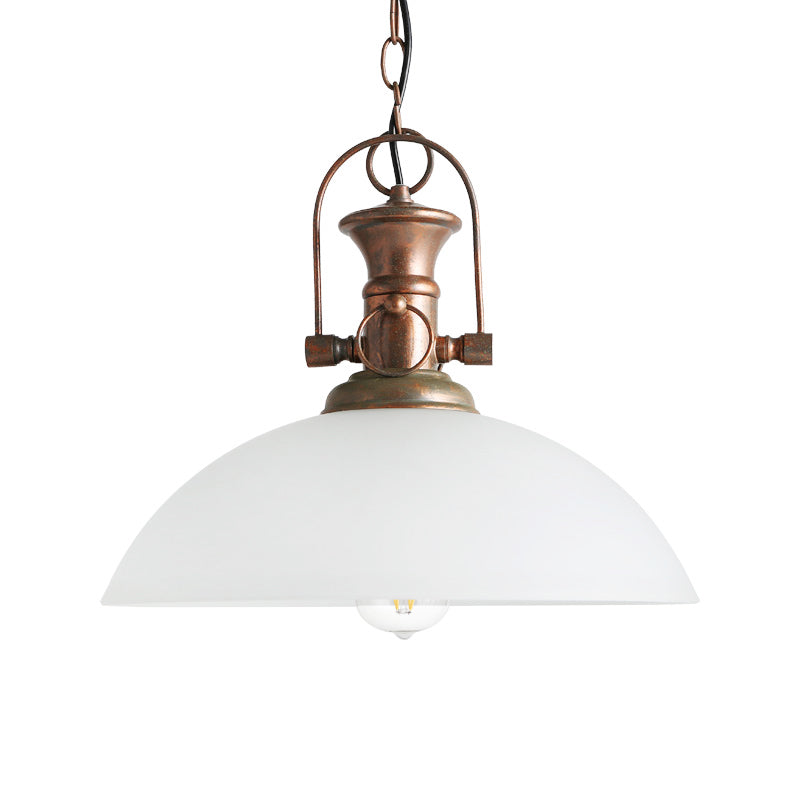 12"/15.5" Wide Dome Pendant Lighting Industrial 1 Light White/Green Glass Hanging Lamp in Rust Clearhalo 'Ceiling Lights' 'Glass shade' 'Glass' 'Industrial Pendants' 'Industrial' 'Middle Century Pendants' 'Pendant Lights' 'Pendants' 'Tiffany' Lighting' 144134