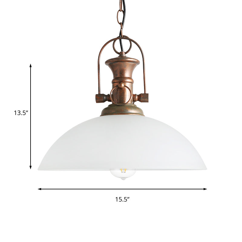 12"/15.5" Wide Dome Pendant Lighting Industrial 1 Light White/Green Glass Hanging Lamp in Rust Clearhalo 'Ceiling Lights' 'Glass shade' 'Glass' 'Industrial Pendants' 'Industrial' 'Middle Century Pendants' 'Pendant Lights' 'Pendants' 'Tiffany' Lighting' 144135