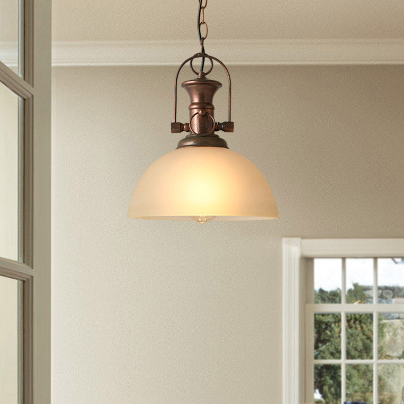 12"/15.5" Wide Dome Pendant Lighting Industrial 1 Light White/Green Glass Hanging Lamp in Rust White 12" Clearhalo 'Ceiling Lights' 'Glass shade' 'Glass' 'Industrial Pendants' 'Industrial' 'Middle Century Pendants' 'Pendant Lights' 'Pendants' 'Tiffany' Lighting' 144136