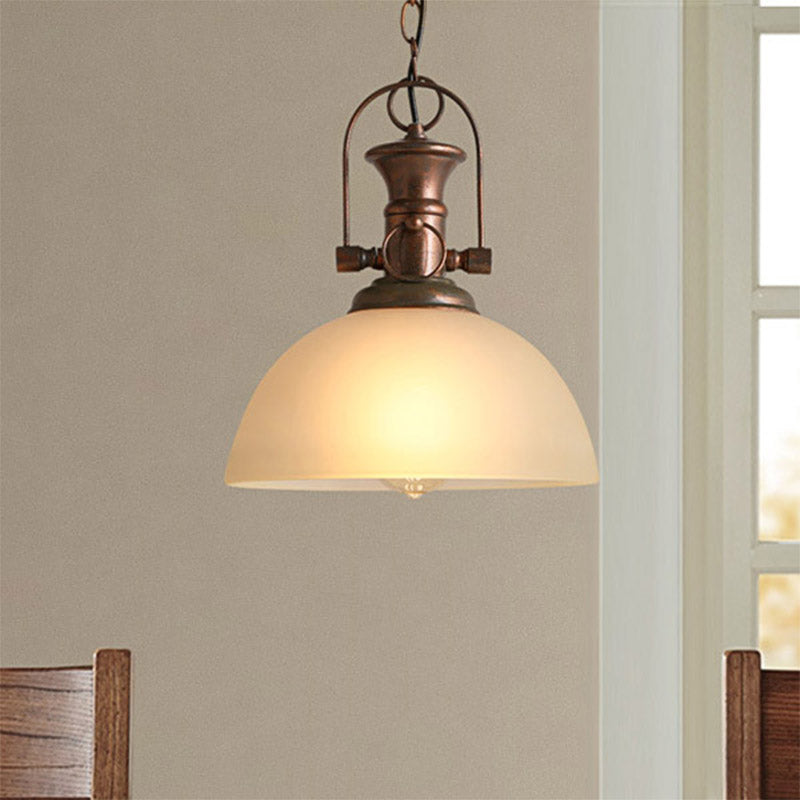 12"/15.5" Wide Dome Pendant Lighting Industrial 1 Light White/Green Glass Hanging Lamp in Rust Clearhalo 'Ceiling Lights' 'Glass shade' 'Glass' 'Industrial Pendants' 'Industrial' 'Middle Century Pendants' 'Pendant Lights' 'Pendants' 'Tiffany' Lighting' 144137