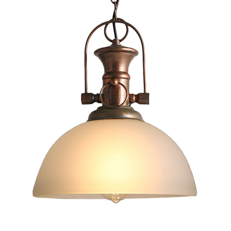 12"/15.5" Wide Dome Pendant Lighting Industrial 1 Light White/Green Glass Hanging Lamp in Rust Clearhalo 'Ceiling Lights' 'Glass shade' 'Glass' 'Industrial Pendants' 'Industrial' 'Middle Century Pendants' 'Pendant Lights' 'Pendants' 'Tiffany' Lighting' 144138