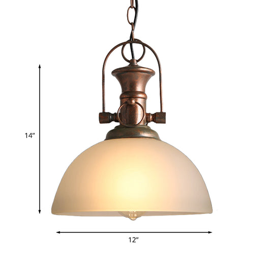 12"/15.5" Wide Dome Pendant Lighting Industrial 1 Light White/Green Glass Hanging Lamp in Rust Clearhalo 'Ceiling Lights' 'Glass shade' 'Glass' 'Industrial Pendants' 'Industrial' 'Middle Century Pendants' 'Pendant Lights' 'Pendants' 'Tiffany' Lighting' 144139