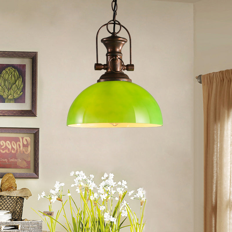 12"/15.5" Wide Dome Pendant Lighting Industrial 1 Light White/Green Glass Hanging Lamp in Rust Green 12" Clearhalo 'Ceiling Lights' 'Glass shade' 'Glass' 'Industrial Pendants' 'Industrial' 'Middle Century Pendants' 'Pendant Lights' 'Pendants' 'Tiffany' Lighting' 144140