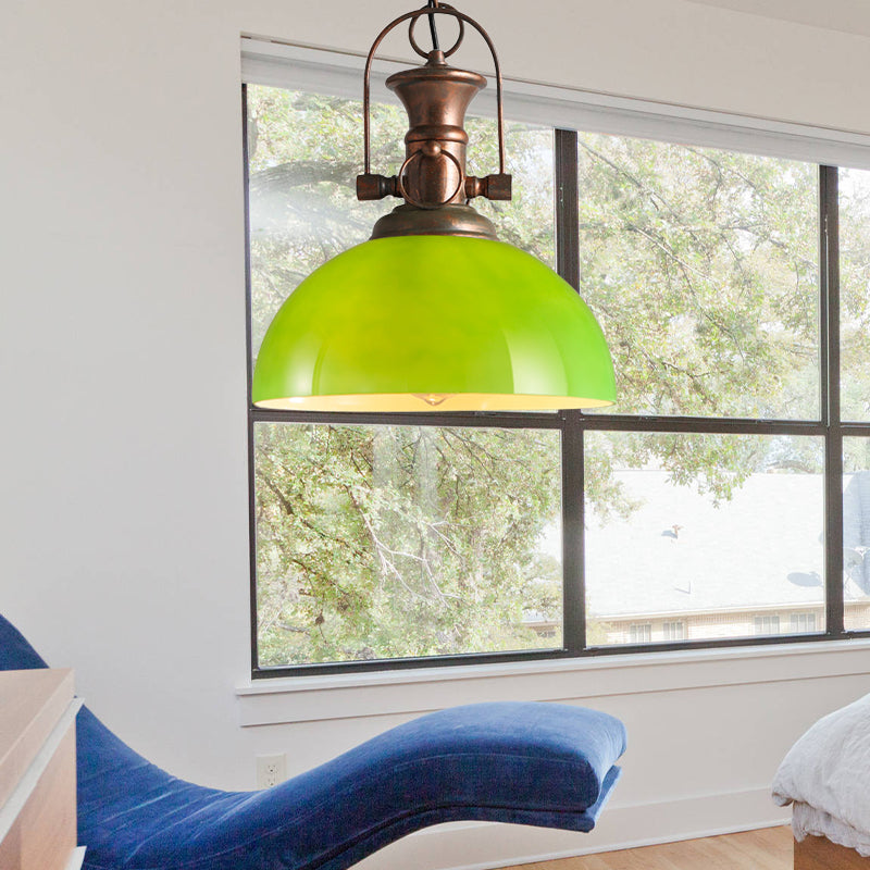 12"/15.5" Wide Dome Pendant Lighting Industrial 1 Light White/Green Glass Hanging Lamp in Rust Clearhalo 'Ceiling Lights' 'Glass shade' 'Glass' 'Industrial Pendants' 'Industrial' 'Middle Century Pendants' 'Pendant Lights' 'Pendants' 'Tiffany' Lighting' 144141