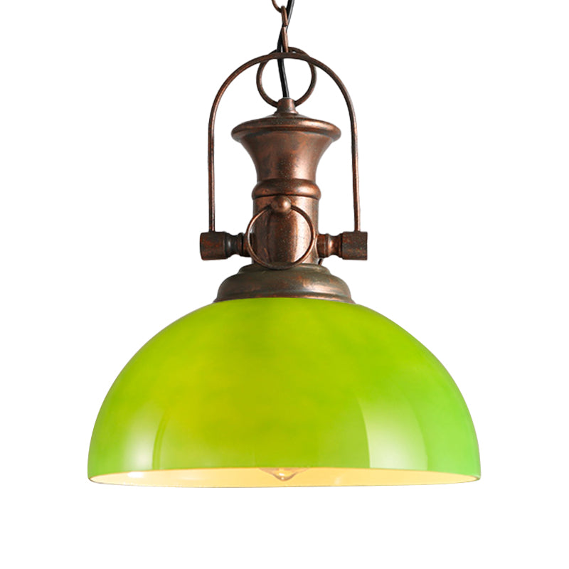 12"/15.5" Wide Dome Pendant Lighting Industrial 1 Light White/Green Glass Hanging Lamp in Rust Clearhalo 'Ceiling Lights' 'Glass shade' 'Glass' 'Industrial Pendants' 'Industrial' 'Middle Century Pendants' 'Pendant Lights' 'Pendants' 'Tiffany' Lighting' 144142