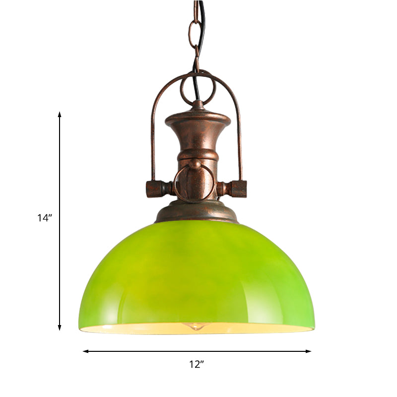 12"/15.5" Wide Dome Pendant Lighting Industrial 1 Light White/Green Glass Hanging Lamp in Rust Clearhalo 'Ceiling Lights' 'Glass shade' 'Glass' 'Industrial Pendants' 'Industrial' 'Middle Century Pendants' 'Pendant Lights' 'Pendants' 'Tiffany' Lighting' 144143
