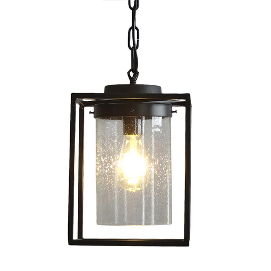 Black 1 Light Pendant Lighting Industrial Seeded Glass Cylinder Hanging Lamp for Indoor with Cage Clearhalo 'Art Deco Pendants' 'Black' 'Cast Iron' 'Ceiling Lights' 'Ceramic' 'Crystal' 'Industrial Pendants' 'Industrial' 'Metal' 'Middle Century Pendants' 'Pendant Lights' 'Pendants' 'Rustic Pendants' 'Tiffany' Lighting' 144161