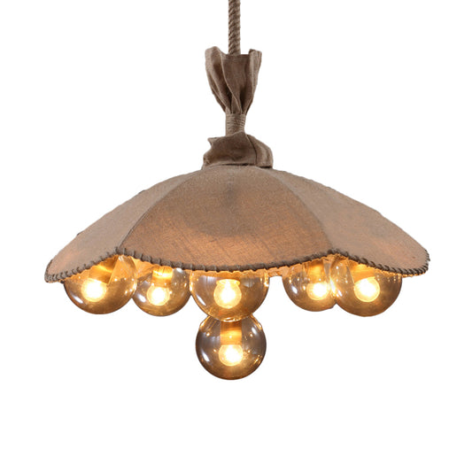 Beige Fabric Scalloped Pendant Light Lodge 6 Heads Living Room Chandelier Lighting with Inner Glass Ball Shade Clearhalo 'Ceiling Lights' 'Chandeliers' 'Industrial Chandeliers' 'Industrial' 'Middle Century Chandeliers' 'Tiffany' Lighting' 144181