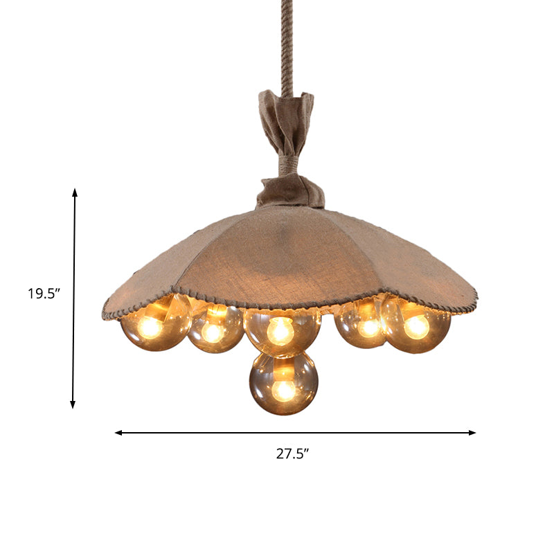 Beige Fabric Scalloped Pendant Light Lodge 6 Heads Living Room Chandelier Lighting with Inner Glass Ball Shade Clearhalo 'Ceiling Lights' 'Chandeliers' 'Industrial Chandeliers' 'Industrial' 'Middle Century Chandeliers' 'Tiffany' Lighting' 144182