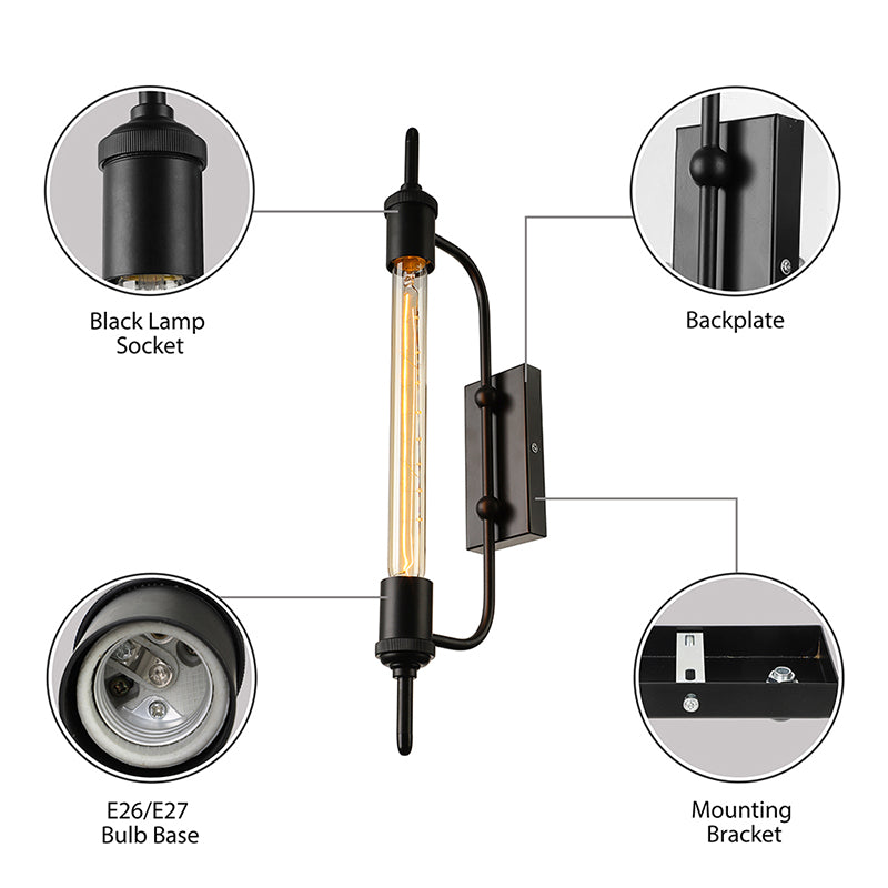 Metal Linear Wall Mount Light with Expose Bulb Loft 1 Light Balcony Wall Lighting in Black Clearhalo 'Art deco wall lights' 'Cast Iron' 'Glass' 'Industrial wall lights' 'Industrial' 'Middle century wall lights' 'Modern' 'Rustic wall lights' 'Tiffany' 'Traditional wall lights' 'Wall Lamps & Sconces' 'Wall Lights' Lighting' 144231