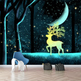Personalized Illustration Cartoon Mural with Stag in Snowy Forest at Night Pattern in Blue-Yellow Clearhalo 'Wall Decor' 'Wall Mural' 1442641