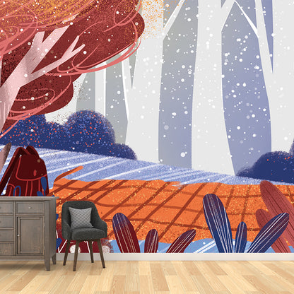 Picnic in the Forest Mural Blue-Brown Childrens Art Wall Covering for Bedroom, Non-Woven Cloth Blue-Brown Clearhalo 'Wall Decor' 'Wall Mural' 1442654