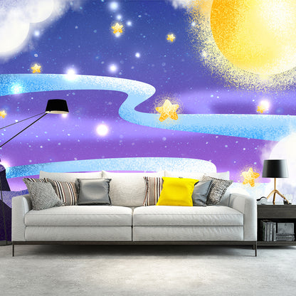 Fantasy Starry Moon Night Mural Wallpaper for Child Room, Purple-Yellow, Made to Measure Purple-Yellow Clearhalo 'Wall Decor' 'Wall Mural' 1442686