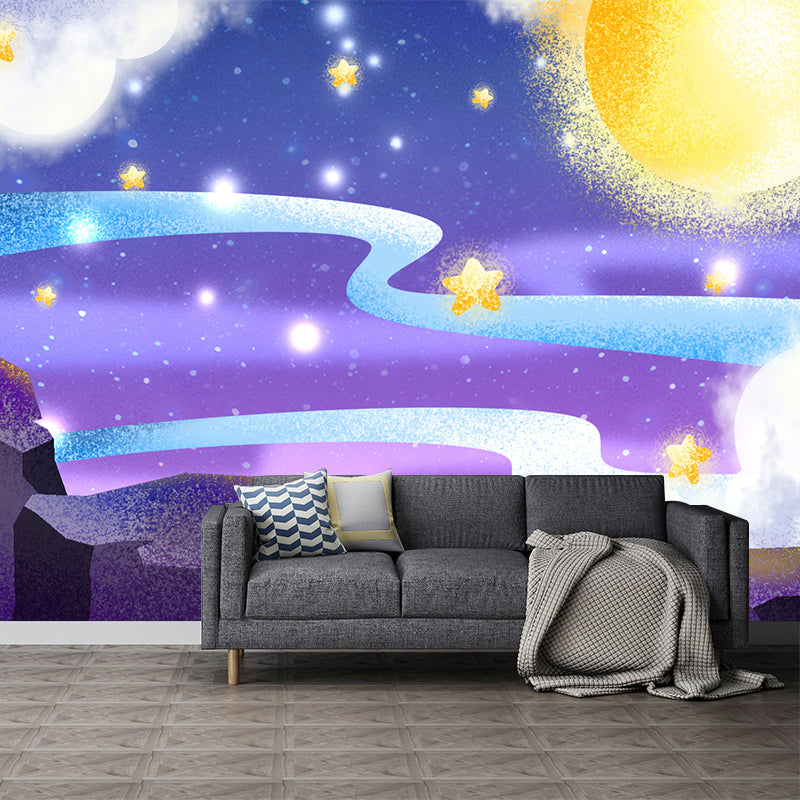 Fantasy Starry Moon Night Mural Wallpaper for Child Room, Purple-Yellow, Made to Measure Clearhalo 'Wall Decor' 'Wall Mural' 1442687