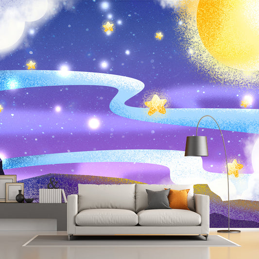 Fantasy Starry Moon Night Mural Wallpaper for Child Room, Purple-Yellow, Made to Measure Clearhalo 'Wall Decor' 'Wall Mural' 1442688