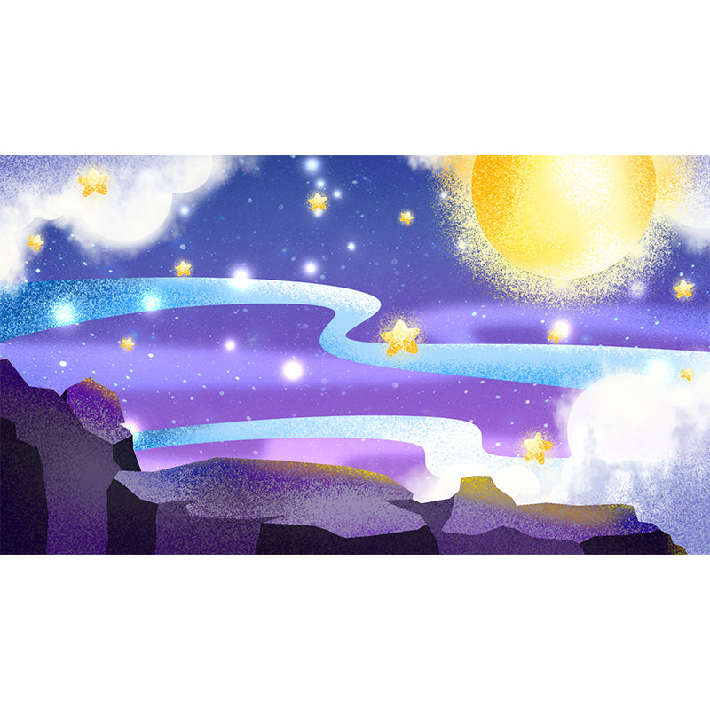 Fantasy Starry Moon Night Mural Wallpaper for Child Room, Purple-Yellow, Made to Measure Clearhalo 'Wall Decor' 'Wall Mural' 1442689