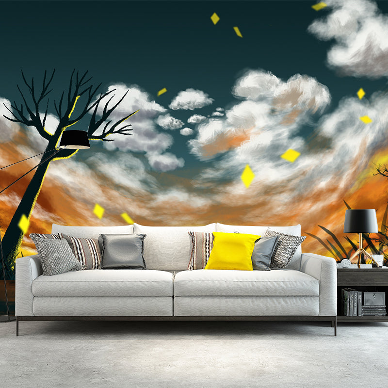 Childrens Art Sunset Scenery Mural Yellow-White Bare Tree Wall Decor for Bedroom Yellow-White Clearhalo 'Wall Decor' 'Wall Mural' 1442691