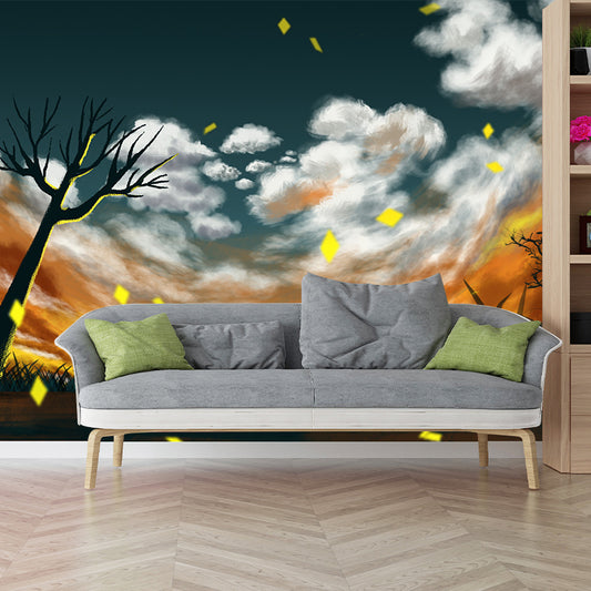 Childrens Art Sunset Scenery Mural Yellow-White Bare Tree Wall Decor for Bedroom Clearhalo 'Wall Decor' 'Wall Mural' 1442692