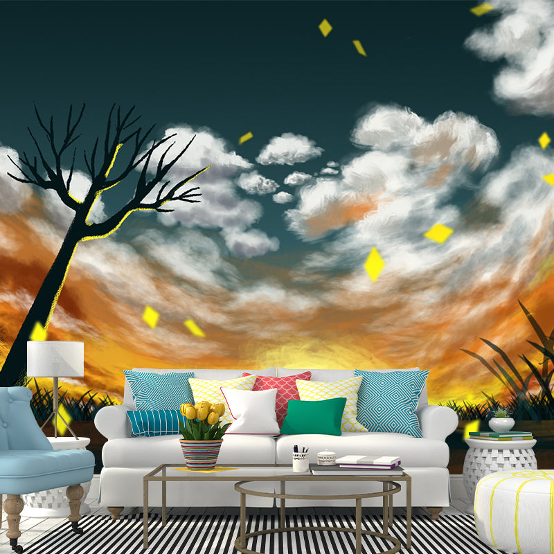 Childrens Art Sunset Scenery Mural Yellow-White Bare Tree Wall Decor for Bedroom Clearhalo 'Wall Decor' 'Wall Mural' 1442693