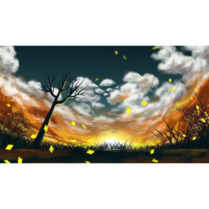 Childrens Art Sunset Scenery Mural Yellow-White Bare Tree Wall Decor for Bedroom Clearhalo 'Wall Decor' 'Wall Mural' 1442694