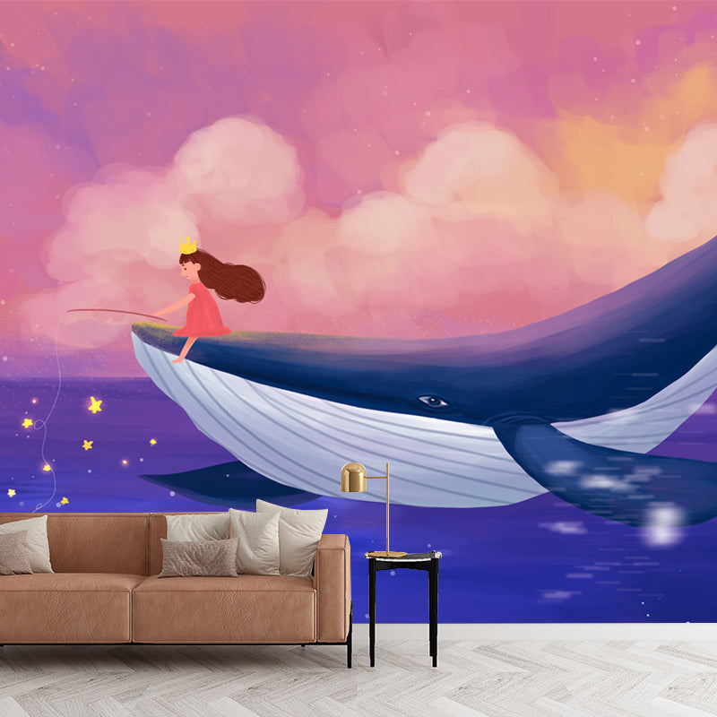 Girl Fishing on Whale Mural Pink-Blue Childrens Art Wall Covering for Kids Bedroom Pink-Blue Clearhalo 'Wall Decor' 'Wall Mural' 1442696