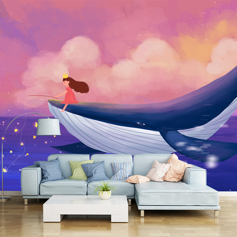 Girl Fishing on Whale Mural Pink-Blue Childrens Art Wall Covering for Kids Bedroom Clearhalo 'Wall Decor' 'Wall Mural' 1442697