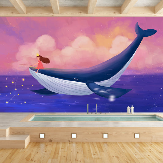 Girl Fishing on Whale Mural Pink-Blue Childrens Art Wall Covering for Kids Bedroom Clearhalo 'Wall Decor' 'Wall Mural' 1442698
