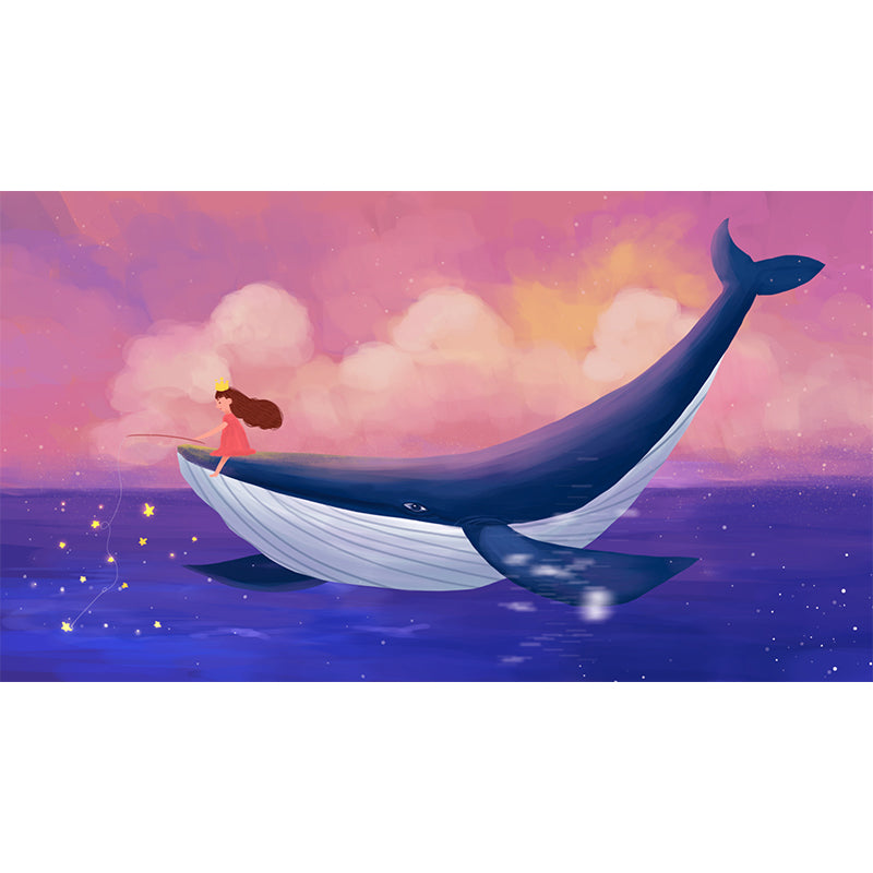 Girl Fishing on Whale Mural Pink-Blue Childrens Art Wall Covering for Kids Bedroom Clearhalo 'Wall Decor' 'Wall Mural' 1442699