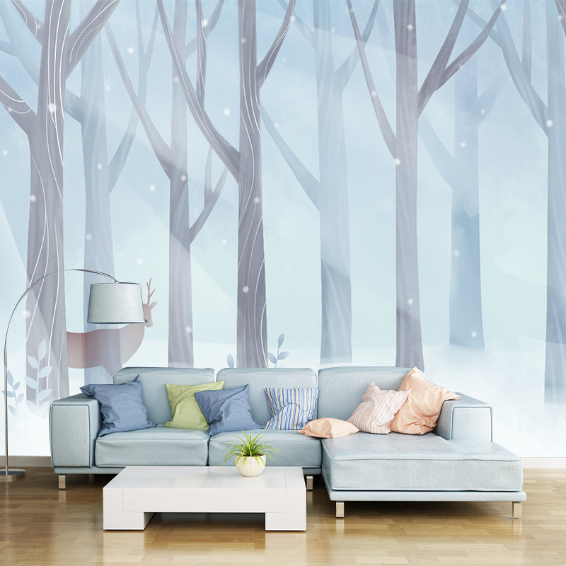 Deer in Snowing Forest Mural Childrens Art Smooth Surface Wall Decor in Blue and White Blue-White Clearhalo 'Wall Decor' 'Wall Mural' 1442706