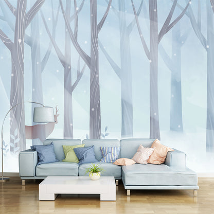 Deer in Snowing Forest Mural Childrens Art Smooth Surface Wall Decor in Blue and White Blue-White Clearhalo 'Wall Decor' 'Wall Mural' 1442706
