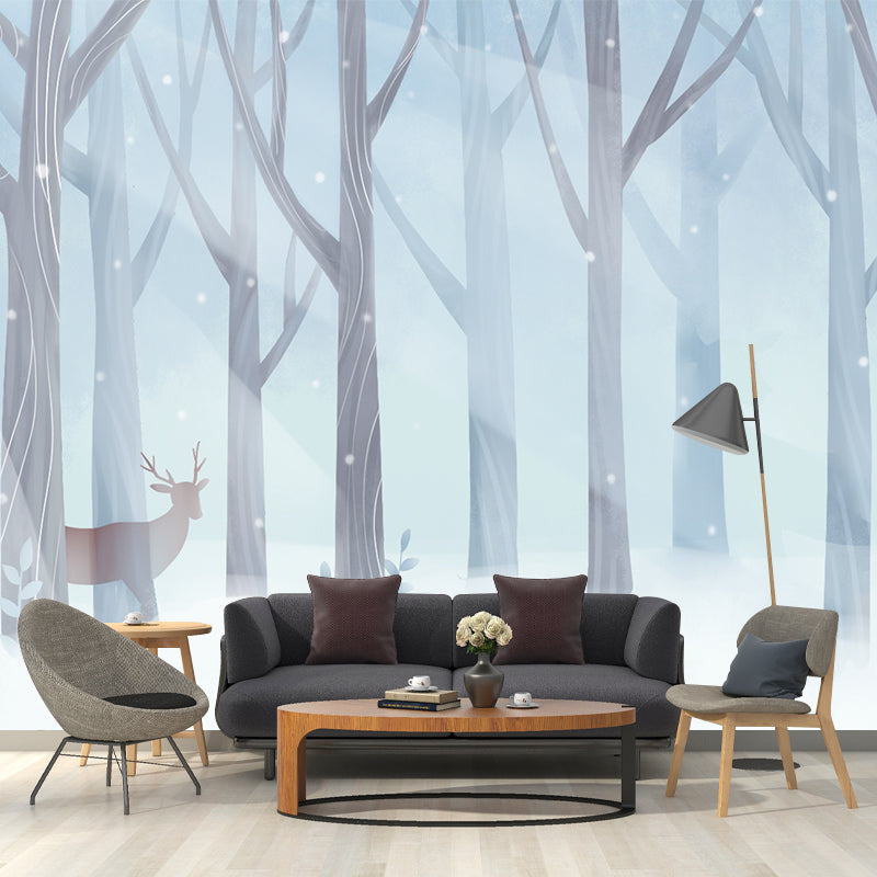 Deer in Snowing Forest Mural Childrens Art Smooth Surface Wall Decor in Blue and White Clearhalo 'Wall Decor' 'Wall Mural' 1442707