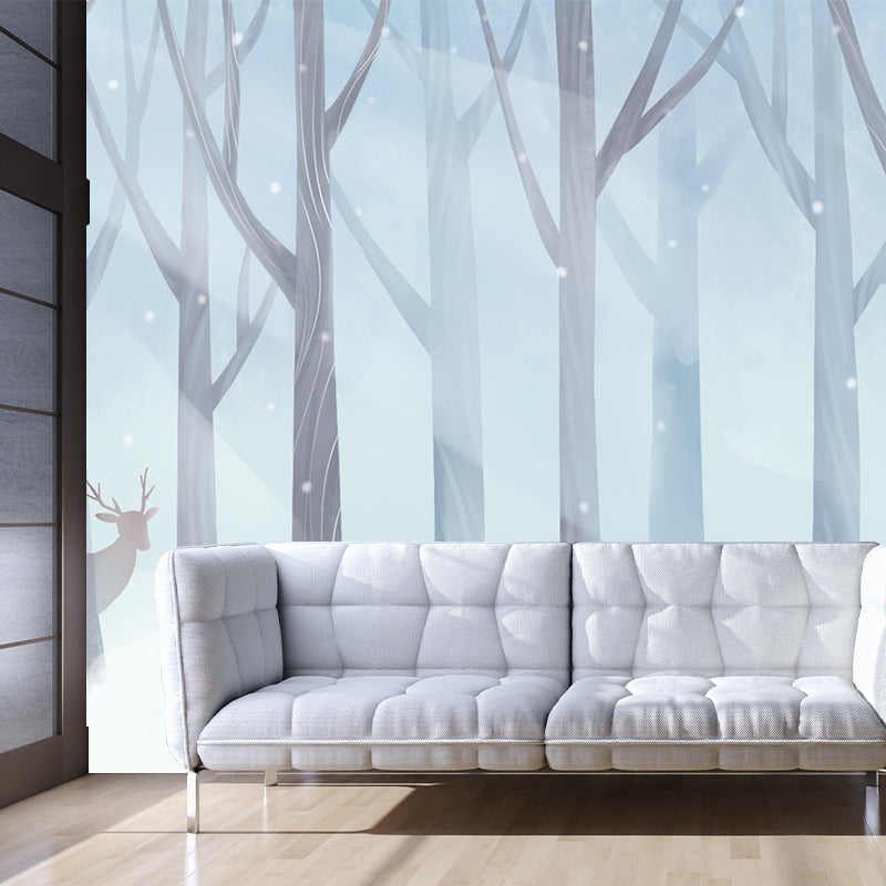 Deer in Snowing Forest Mural Childrens Art Smooth Surface Wall Decor in Blue and White Clearhalo 'Wall Decor' 'Wall Mural' 1442708
