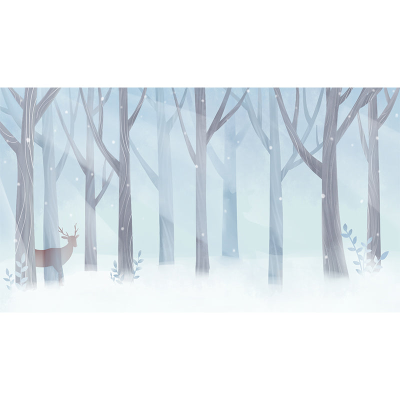 Deer in Snowing Forest Mural Childrens Art Smooth Surface Wall Decor in Blue and White Clearhalo 'Wall Decor' 'Wall Mural' 1442709