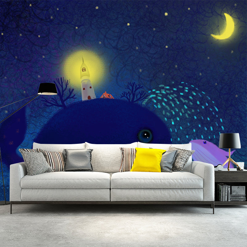 Illustration Childrens Art Mural Blue-Yellow Lighthouse in Whale Under Starry Sky Wall Covering, Custom Made Blue-Yellow Clearhalo 'Wall Decor' 'Wall Mural' 1442711