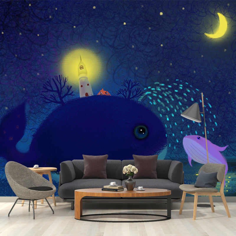 Illustration Childrens Art Mural Blue-Yellow Lighthouse in Whale Under Starry Sky Wall Covering, Custom Made Clearhalo 'Wall Decor' 'Wall Mural' 1442712