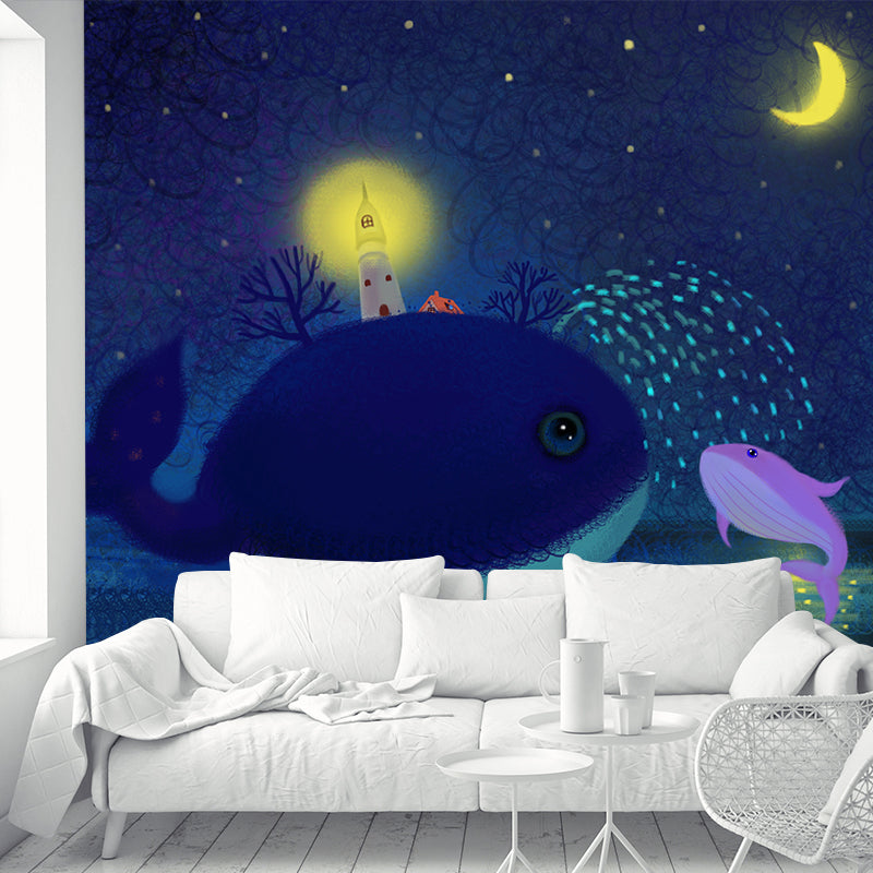 Illustration Childrens Art Mural Blue-Yellow Lighthouse in Whale Under Starry Sky Wall Covering, Custom Made Clearhalo 'Wall Decor' 'Wall Mural' 1442713